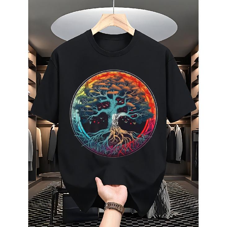Plus Size Colorful Tree of Life Print Cotton T-Shirt Comfortable and Breathable for Casual Wear