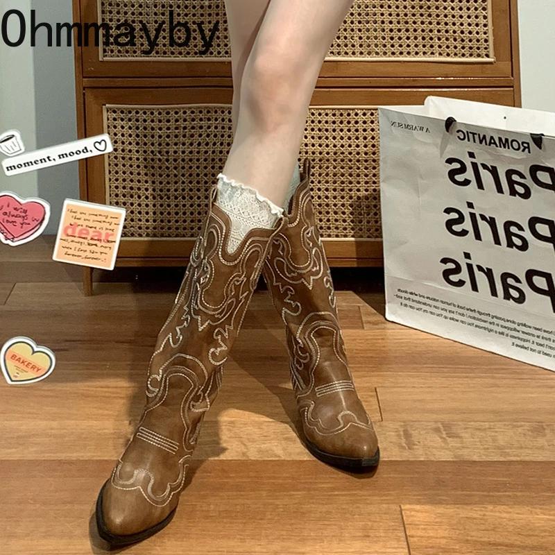 Мода вышивка женские ковбойские сапоги в стиле вестерн модные длинные сапоги рыцаря с застежкой на квадратном каблуке осенне-зимняя обувь