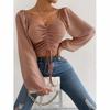 Women Sexy V-neck Off Shoulder Blouses Summer Drawstring Bandage Long Sleeve Tops Ladies Fashion Short Clothes