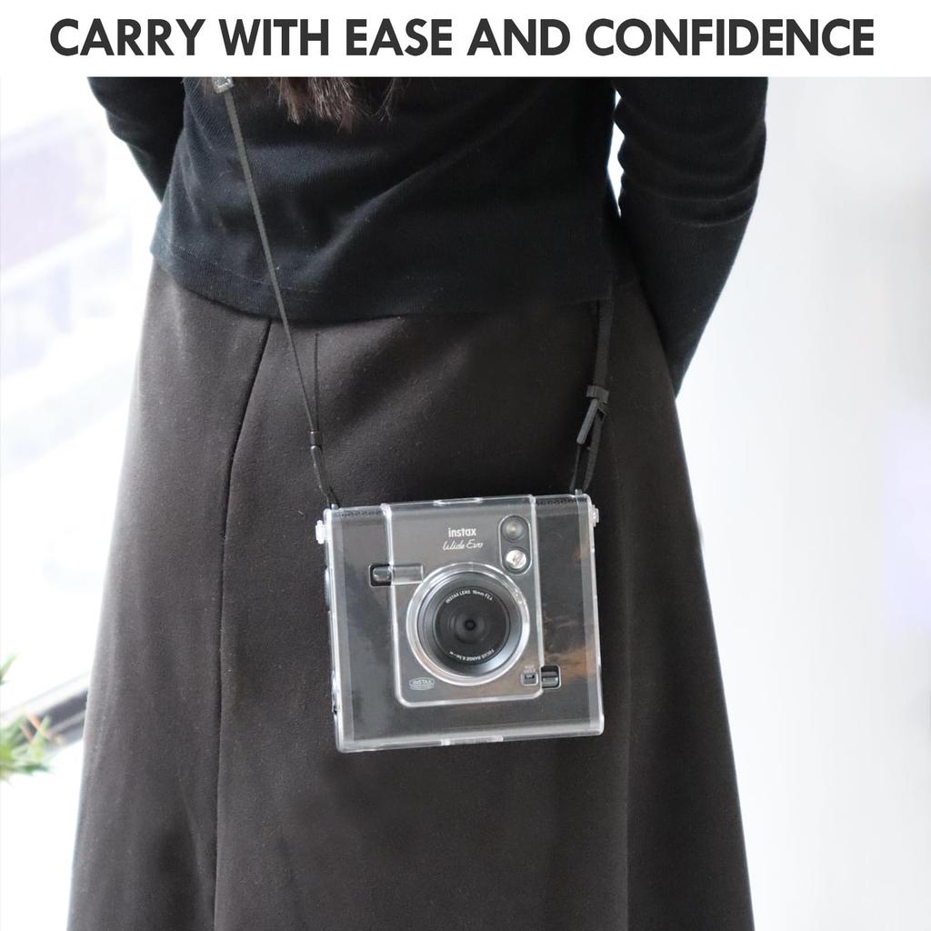 HIYQIN Clear Case with Lens Cap for Fujifilm Instax Wide Evo, Aluminum Black, with Lens Cap and Anti-Loss Cord