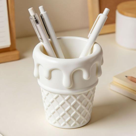 Nostalgie 3D Printed Ice Cream Cone Pen Holder, Waffle Base And Drip Top Desk Organizer, Multi-functional Pencil Cup for Pens, Marker, Makeup Brushes