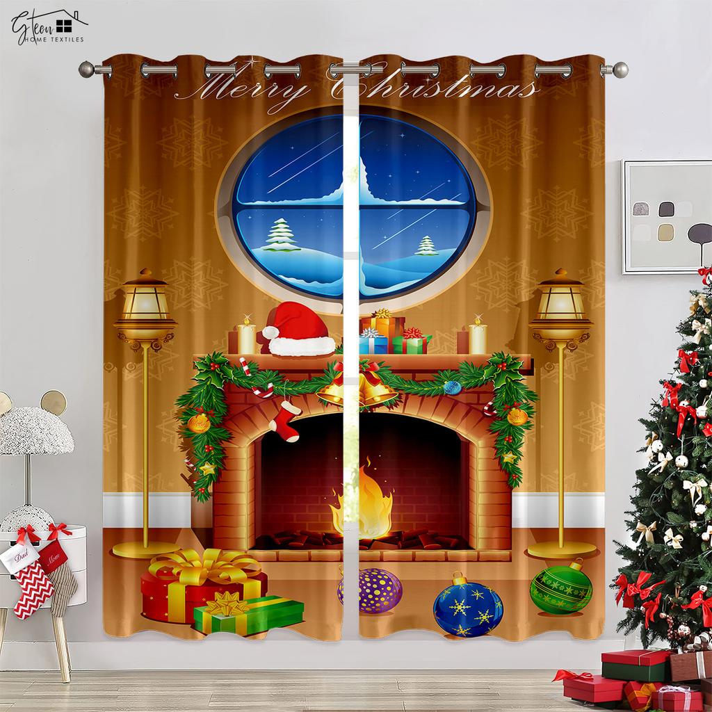 Christmas Decoration Curtain Christmas Tree Christmas Hat Gift Elk Snowflakes New Year Festival 3d Printing Easy To Wash Curtain