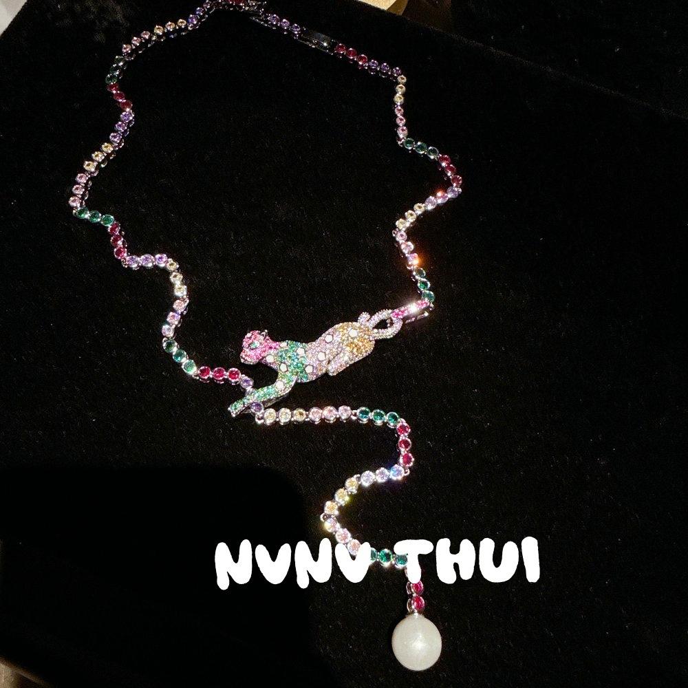 Jewelry, Dopamine Colorful Cheetah Gemstone Y-Shaped Necklace, Banquet Haute Couture Court Leopard Bead Earrings Set