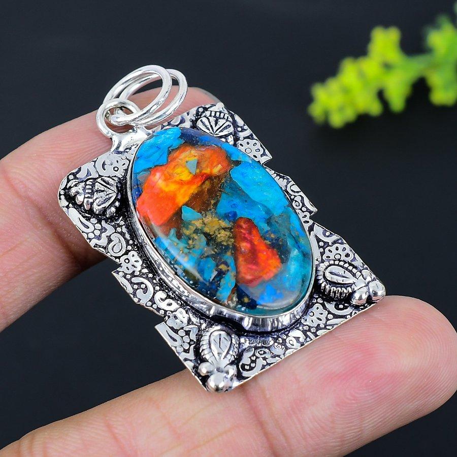 Natural Spiny Oyster Gemstone Handmade 925 Sterling Silver Pendant 2.13" T8u23