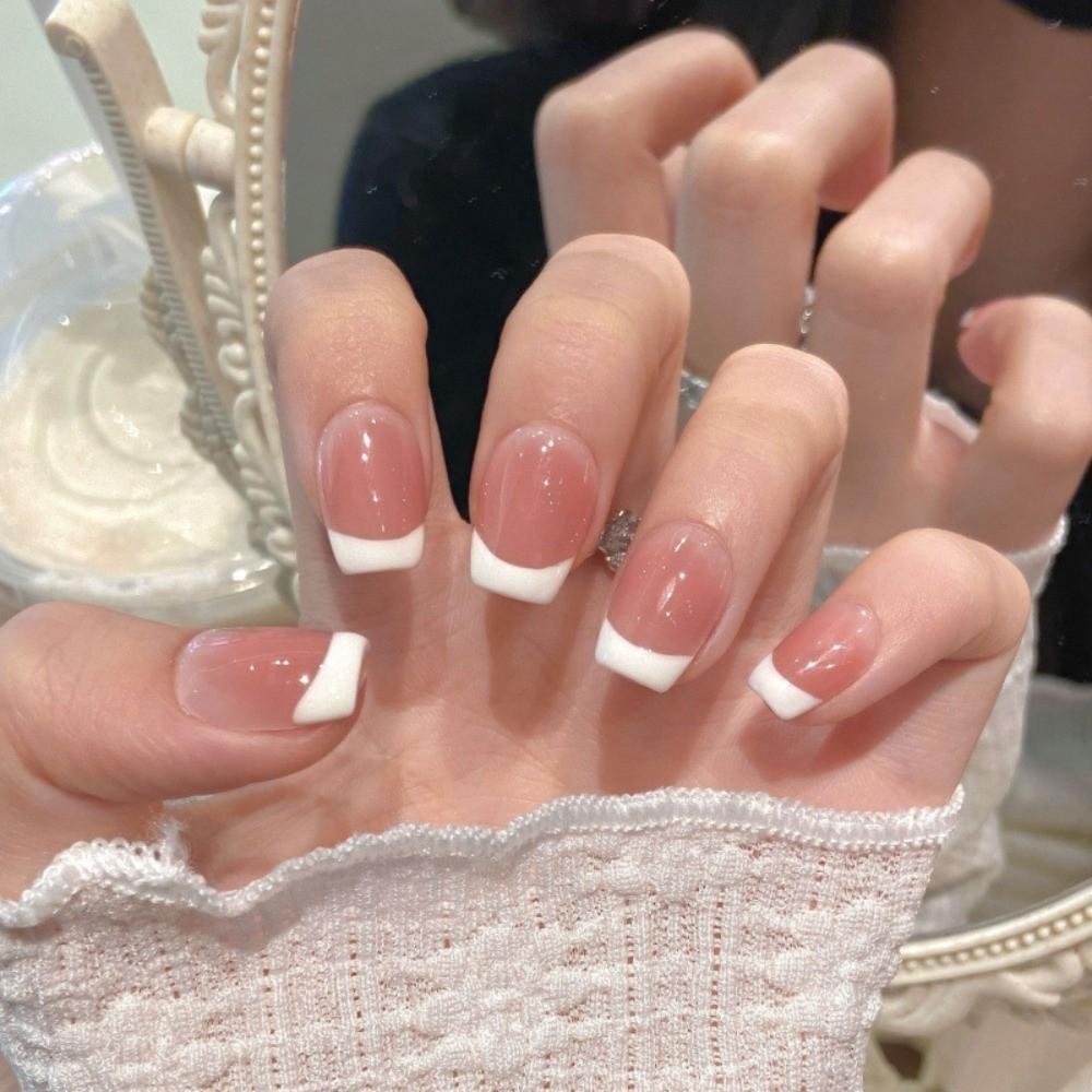 10Pcs Bow Butterfly Short Style Fake Nails Gradient Cream Fake Nail Extension Wedding
