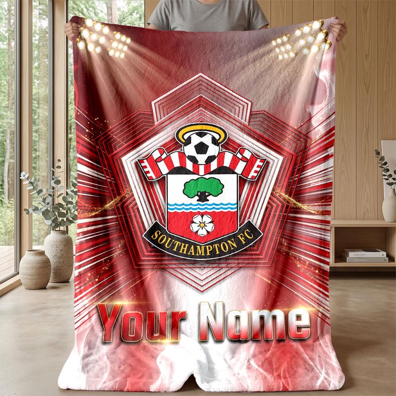 Southampton FC Custom Name Text Flannel Blanket Soccer Logo Personalized Fleece Throw Blanket Special Gift For Sofa Bedroom Home