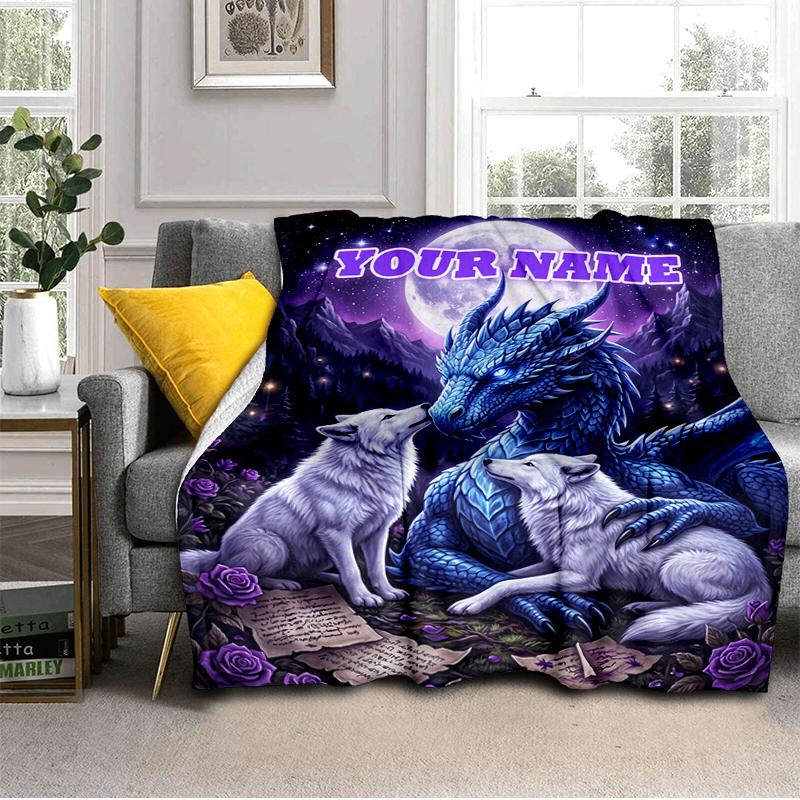 1PC Custom Name Dragon Wolves Moonlight blanket versatile,all-season throw suitable for the living room,bedroom,camping,travel,and gift