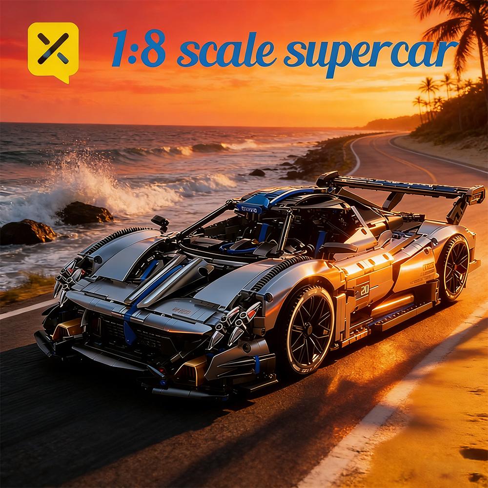 1:8 Silver Blue Supercar Racing Sports Car Building Blocks Sets High Detail with Rear Linked Engine Track Wing Ideal for Car Toy
