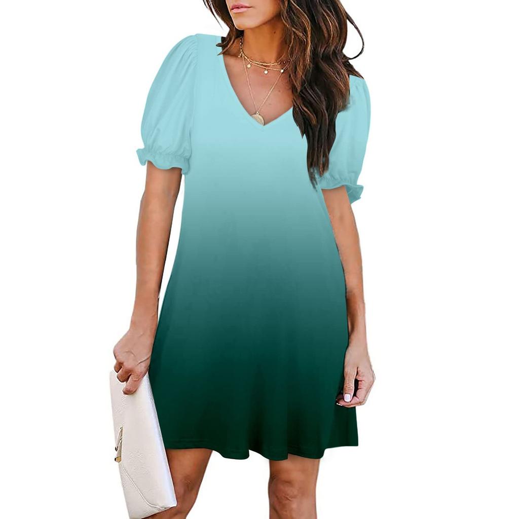Women's Summer Fashion Gradient Color V-neck Petal Sleeve Short Sleeve Pocket Dress