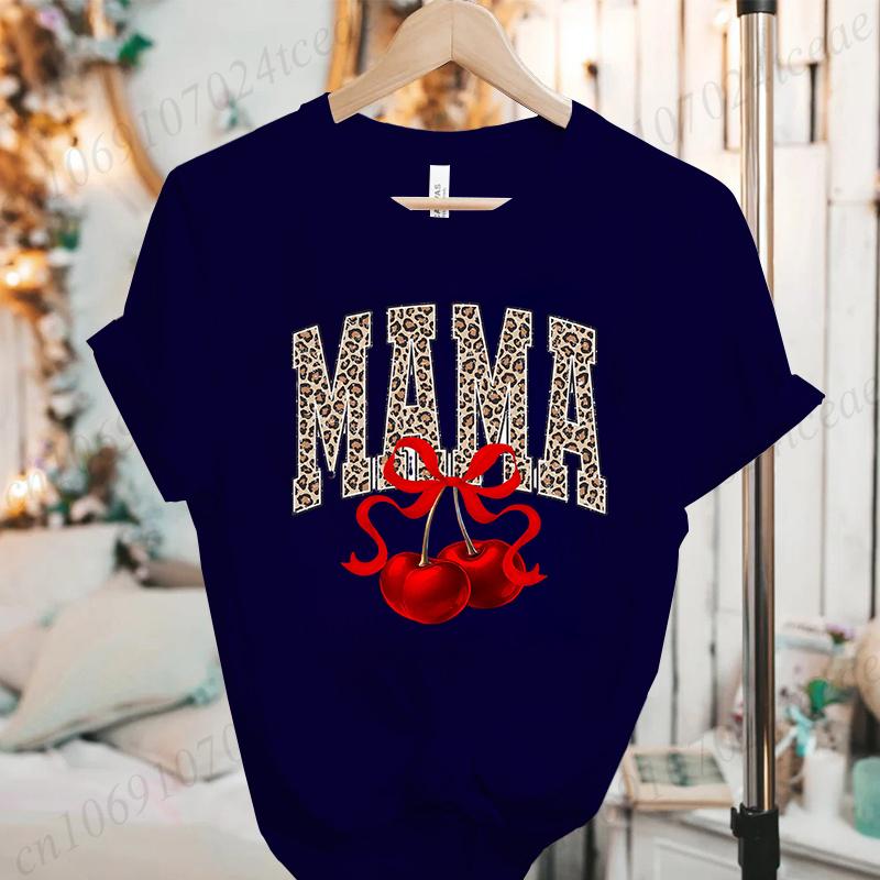 Women Fashion T Shirt Cherry Mama Print Girl Funny Tops Womens Casual TShirt Tops Cherry Bow Mama Tee Aesthetic Mom Clothes