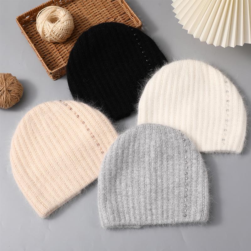 Women Angora Rabbit Fur Hat Winter Knitted Warm Beanies Fashion Luxury Designer Hats For Female With Pearl Diamond Cap