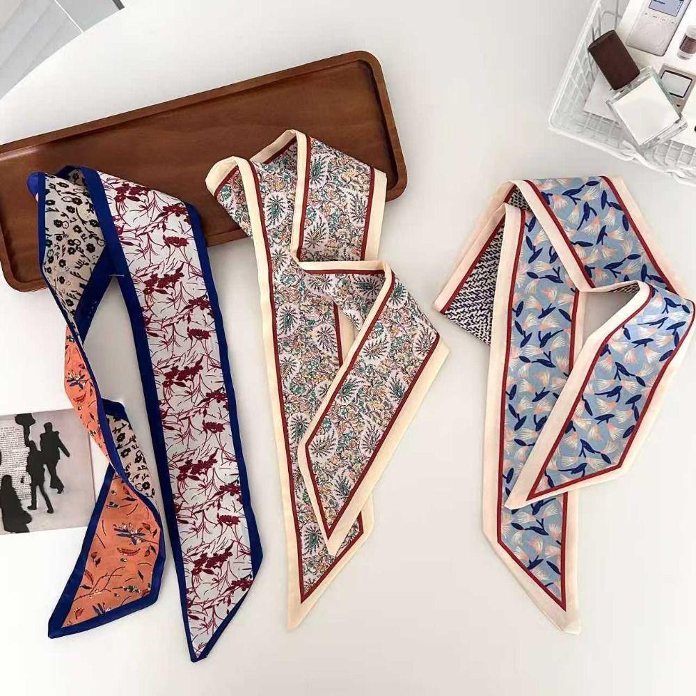 Long Neck Strap Flower Pattern Hair Band Fashion Floral Silk Scarf