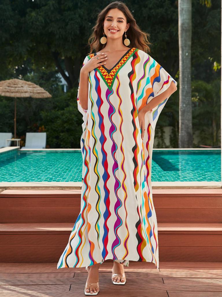 Свободный хлопковый халат большого размера с принтом - Пляжная накидка для женщин