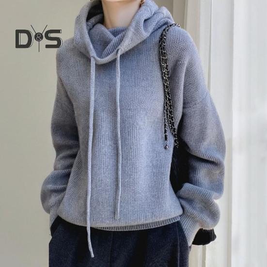 Женский свитер с ворсовым воротником, капюшоном и завязками, длинный рукав, трикотажные топы, однотонный повседневный свободный трикотаж