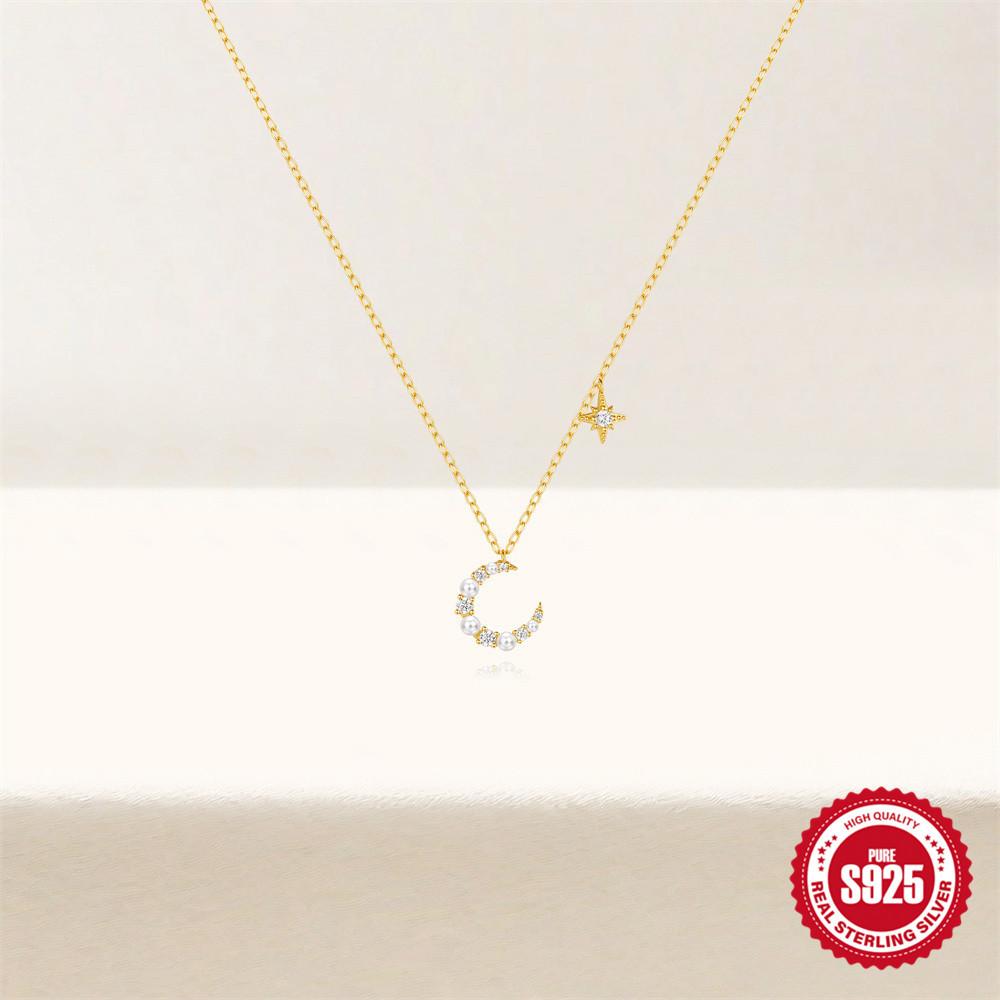 S925 Sterling Silver Flash Diamond Irregular Crescent Moon Temperament Moon Necklace Collarbone Chain Versatile Gift Woman