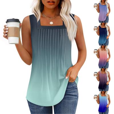 Майка для женщин Летние наряды Без рукавов Блузки с принтом Повседневные свободные рубашки Плиссированные квадратные вырезы