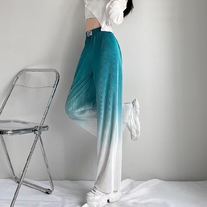 Женские брюки в корейском стиле с трехцветным градиентом, плиссированные, с широкими штанинами, с высокой талией, длиной до пола