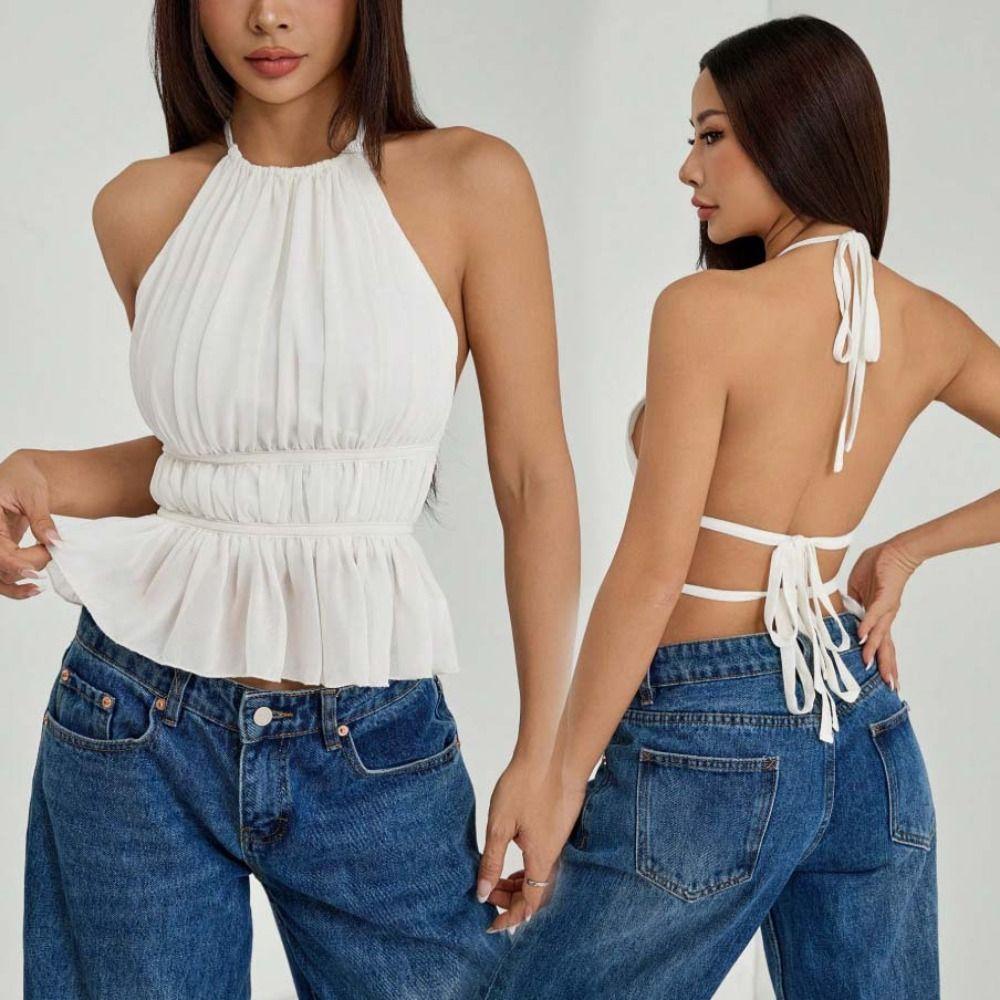 Sleeveless Chiffon Vest Tops Halter Women's Crop Top Simple Lace-up Camisole Club