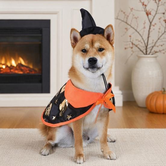 1 Set Pet Halloween Costume, Cat Wizard Hat And Cape, Cute Pumpkin Print Pet Apparel for Small Dogs Cats Festive Party Wear