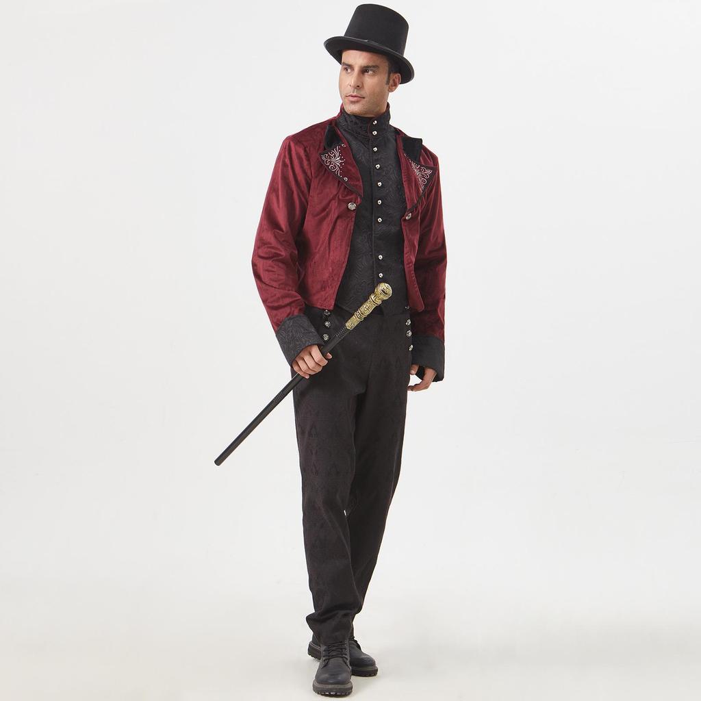 Мужское бордовое пальто средней длины в стиле ретро-панк со стойкой (Издание 2025 г.)