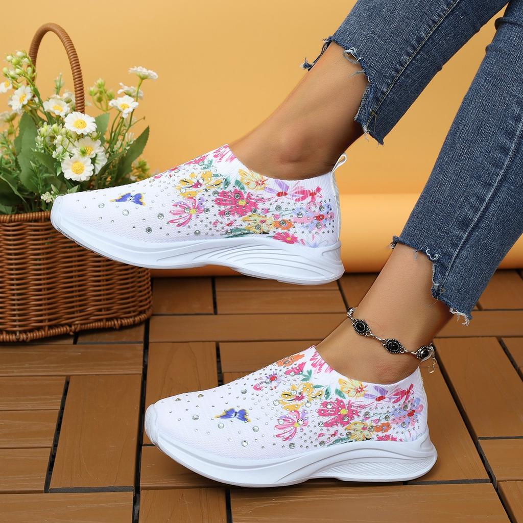 Plus Size Women's Shoes Spring Breathable Sports Casual Shoes Rhinestones Rainbow Shiny Fly Knitted Shoes Platform Running Shoes Women