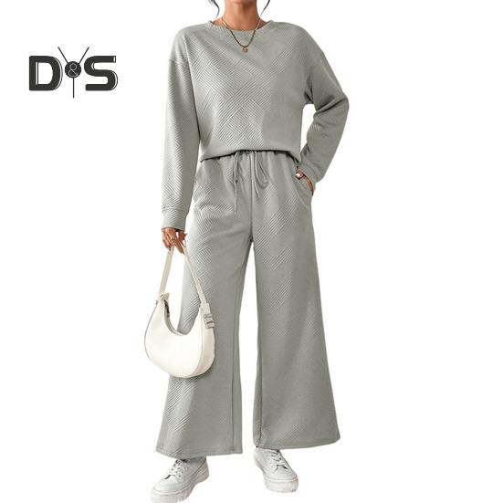 2 шт./комплект женский топ брюки костюм O-образный вырез длинные рукава однотонный спортивный свитшот завязывающийся на резинке талия широкие брюки фитнес-наряд осень весна