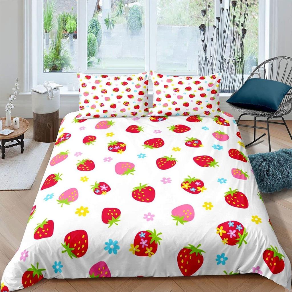 Постельное белье с клубникой для девочек, пододеяльник с сладкой клубникой для детей, розовый, милый мультфильм, фруктовая еда, девичий белый цветочный декор для комнаты
