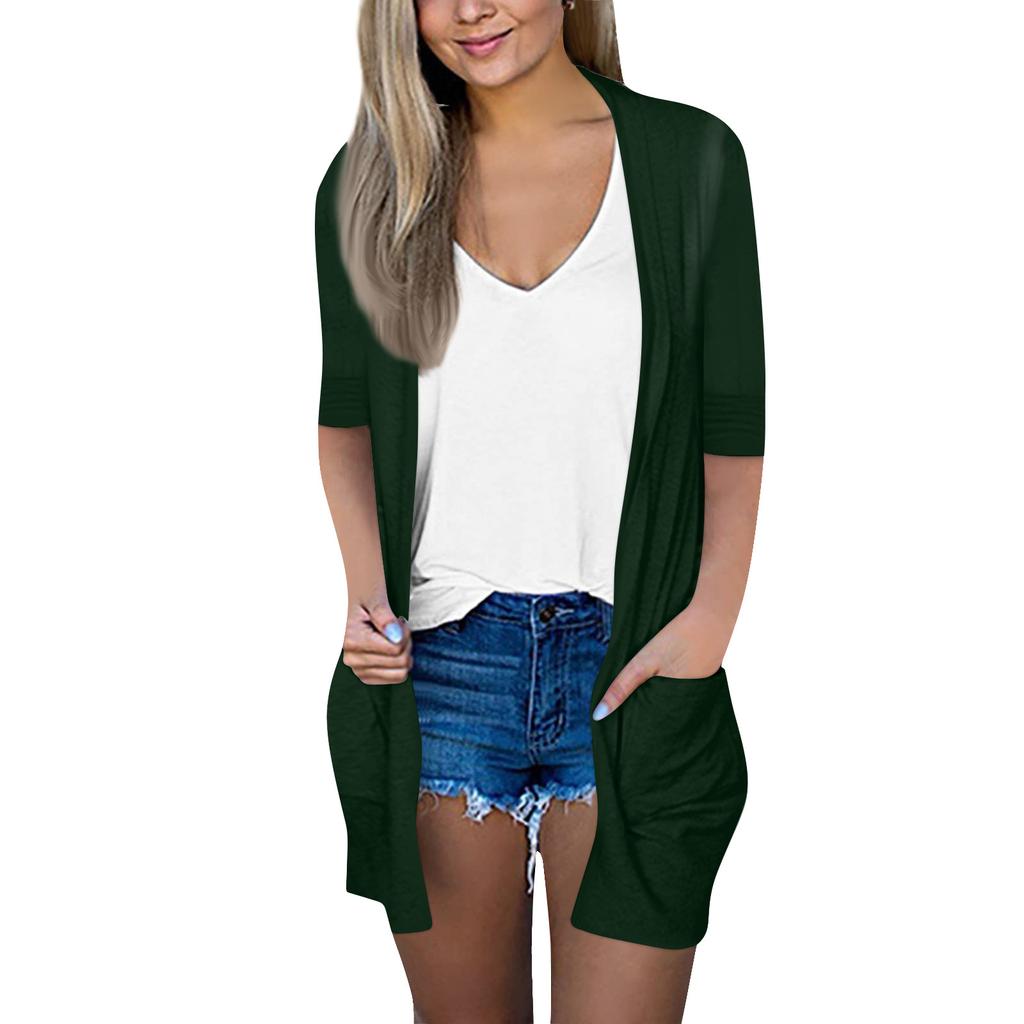 Женская мода, свободный повседневный карманный однотонный кардиган, куртка с рукавами из семи частей, топ