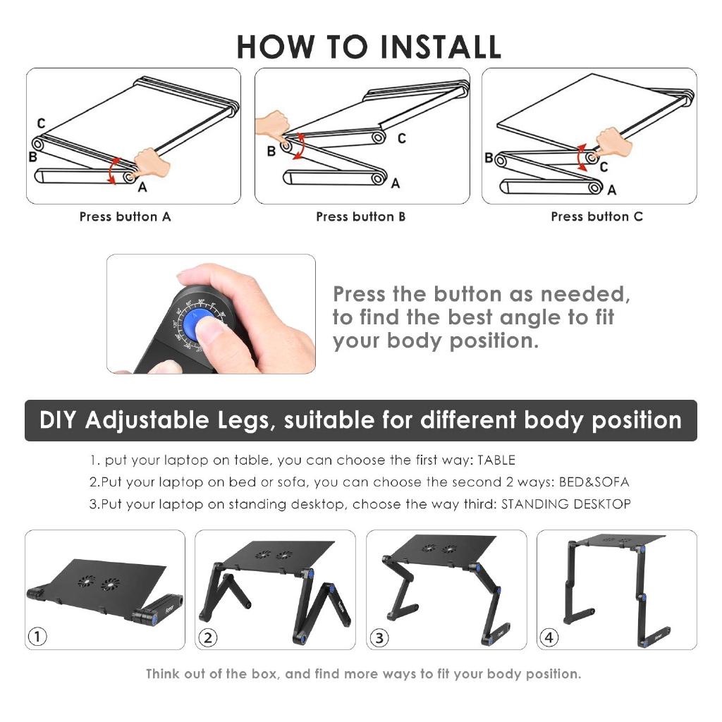 Регулируемая на 360 градусов складная подставка для стола для ноутбука Прочный алюминиевый поднос для ноутбука с охлаждающим ковриком для мыши с двумя вентиляторами