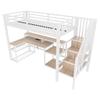 Loft bed, 90 x 200 cm, iron frame, storage, staircase with storage, safety railing, LED light strip, desk, USB port, without mattress, white