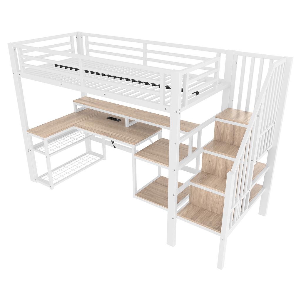 Loft bed, 90 x 200 cm, iron frame, storage, staircase with storage, safety railing, LED light strip, desk, USB port, without mattress, white