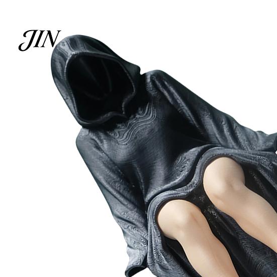 Desktop Female Figure 3D Printed Black Robe Women Figurine, Sitting Hooded Shelf Woman Statue Sitter, Gothic for Home Office Bookshelf Decoration