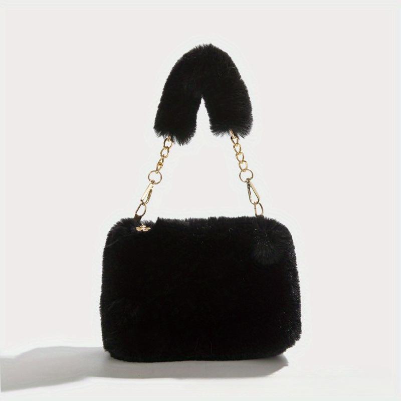 Women Fluffy Shoulder Bags Female Winter Chain Underarm Bag Solid Color Handbag Soft Plush Handle Bag