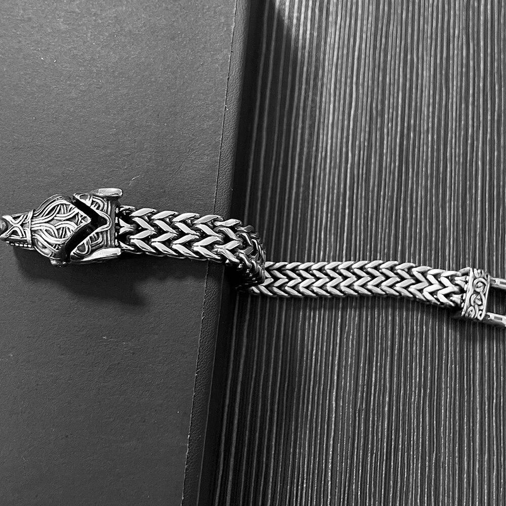 Nordic Viking Bracelet for Men Vintage Wolf Head Scandinavian Bracelet Men's 12MM Width S.Steel Square Franco Link Curb Chain