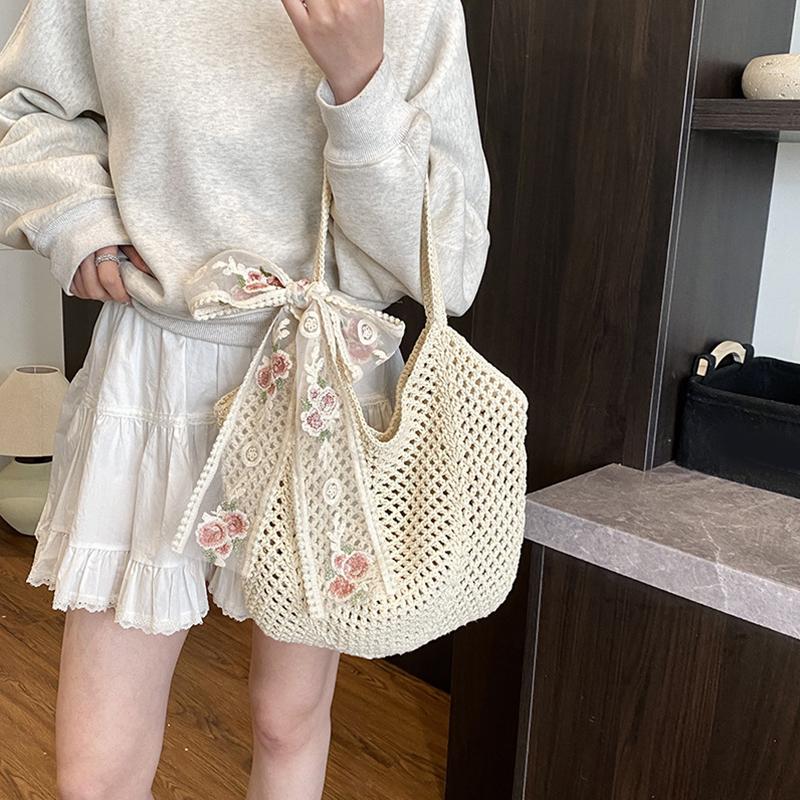 Solid Color Crochet Tote Handbag Summer Beach Scarf Decor Fashion Women's Mesh Woven Shoulder Bags Large Capacity Knitting Underarm Bag CLE