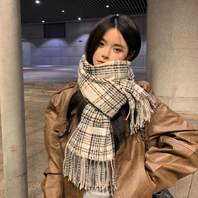 Womens Vintage Plaid Wool Blend Scarf Shawl Winter Warm Wrap Students Couples Casual Chic