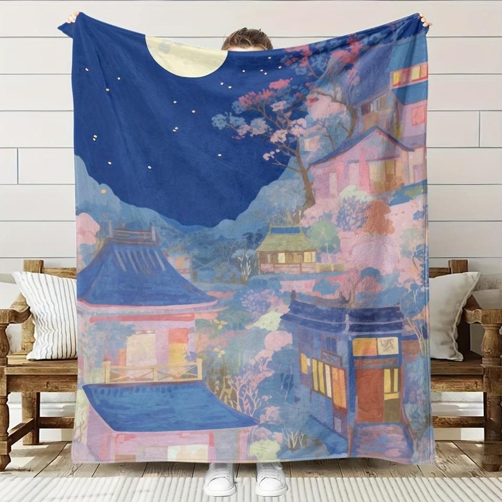 Contemporary AsianInspired Night Sky Dream City Fleece Blanket Soft Flannel AllSeason Cozy Throw with Pagodas Cherry Blosso