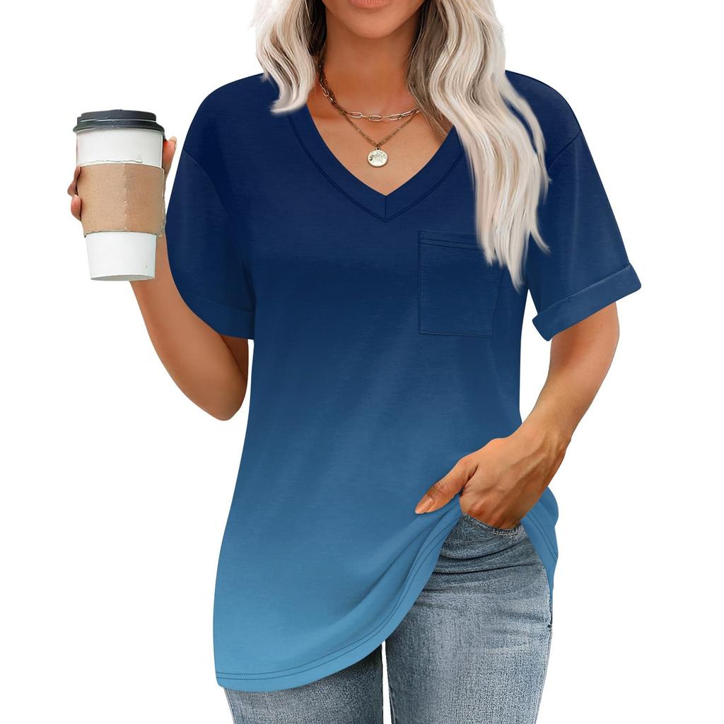 Женские топы с V-образным вырезом и коротким рукавом Блузки Повседневные модные принты Туники Топы с карманами