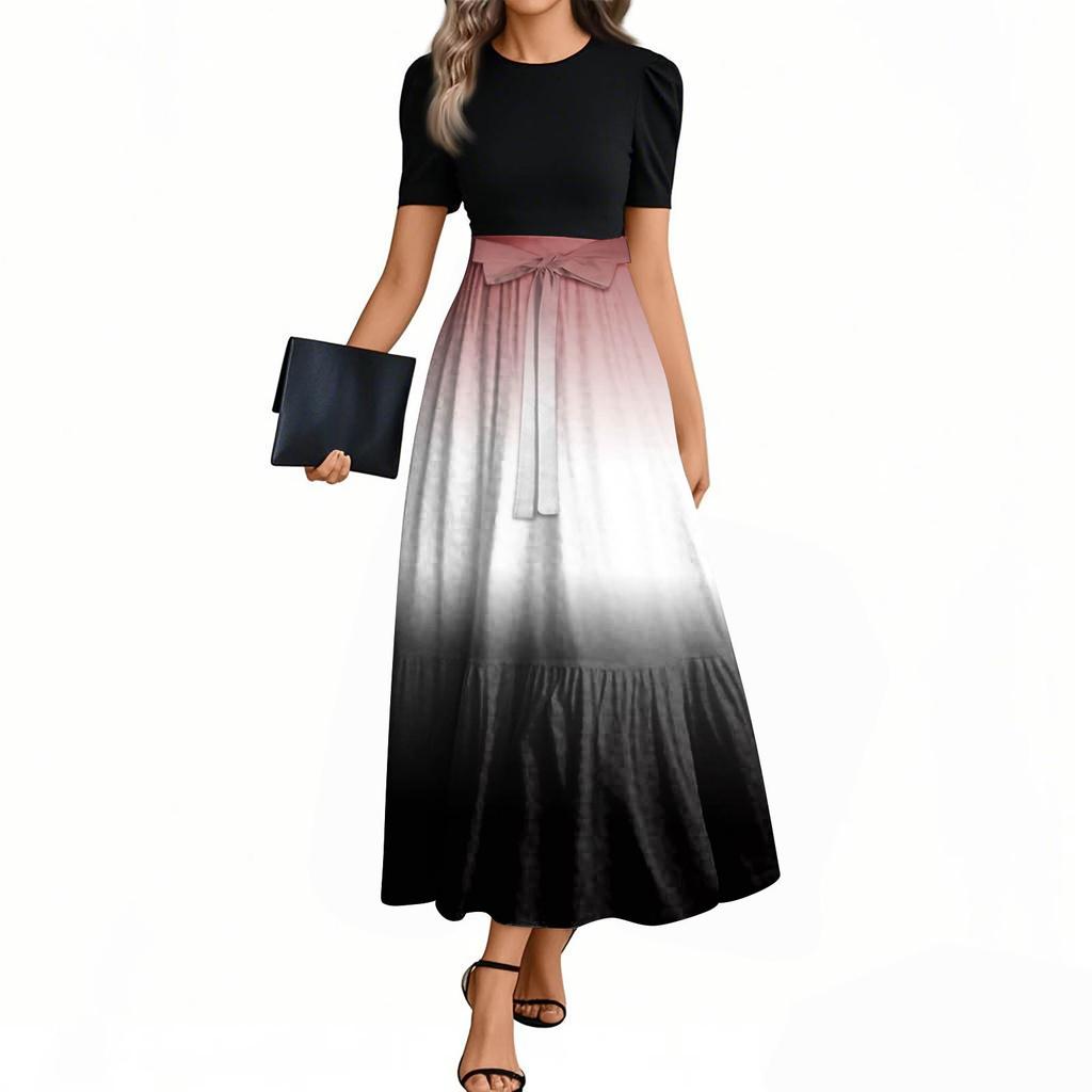 Women's Fashion Casual Belted Short Sleeve Round Neck Printed Elegant Temperament Dresses