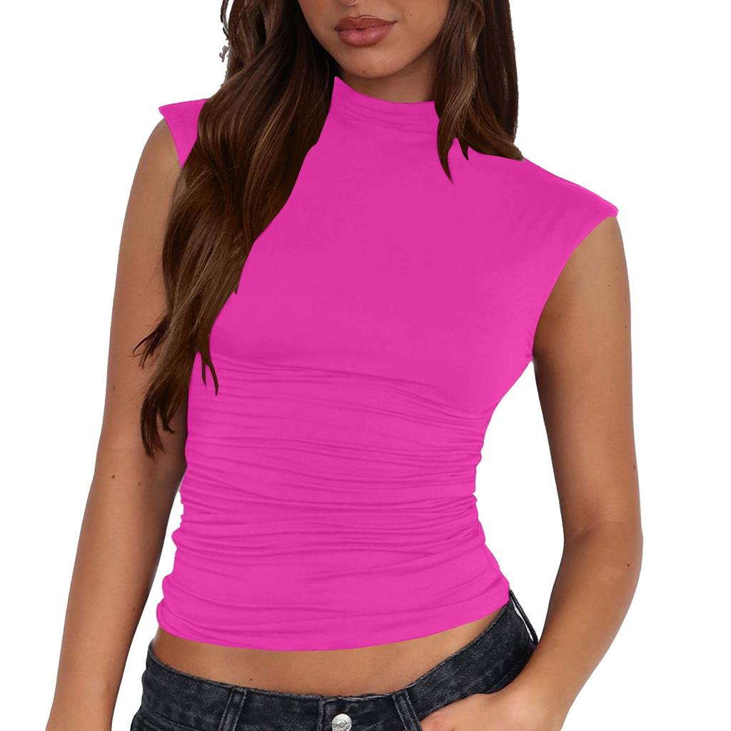 Женский повседневный однотонный топ-майка с полувысоким воротом, облегающий, без рукавов, универсальный
