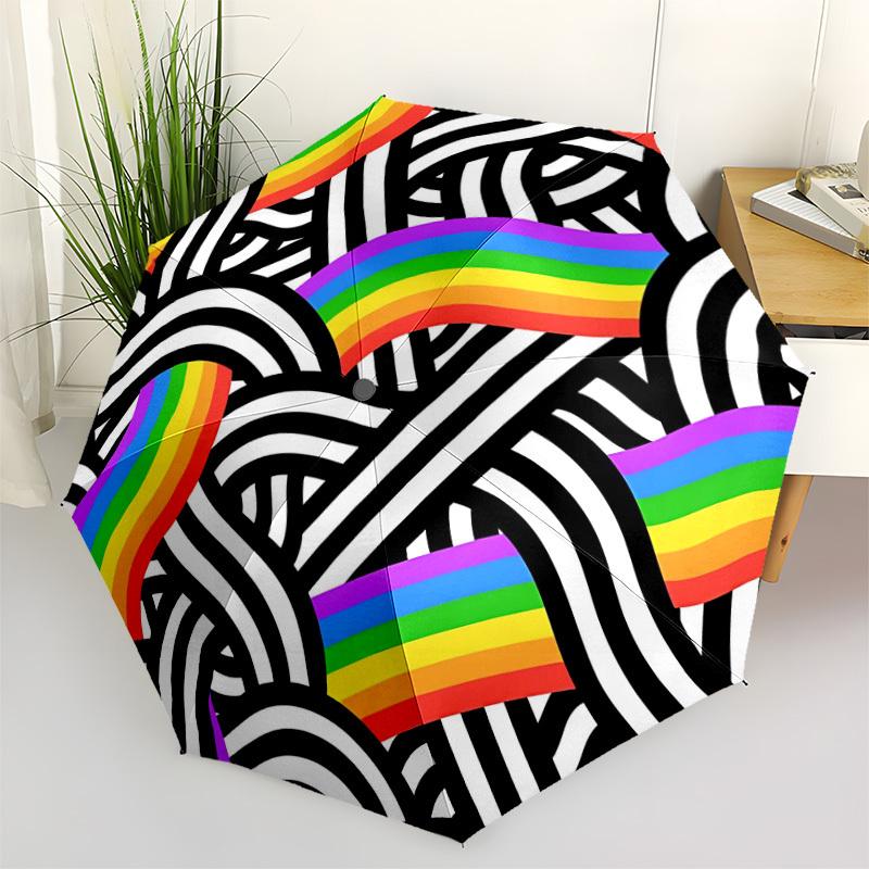 1pc Rainbow Waves Automatic Folding Umbrella - Compact 8-Rib Design, Durable Plastic & Iron, Lightweight for Outdoor Daily Use037