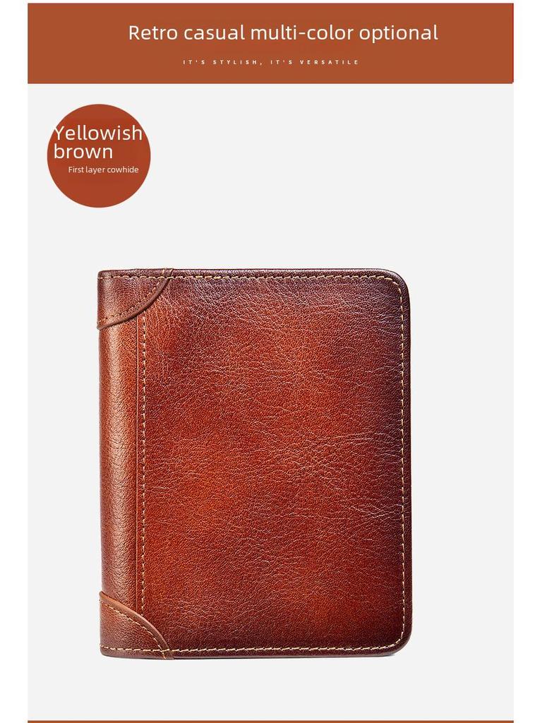 Genuine Leather Ultra-Thin Men's Multi-Function Short Wallet with Driver's License Holder and Anti-Theft Design.