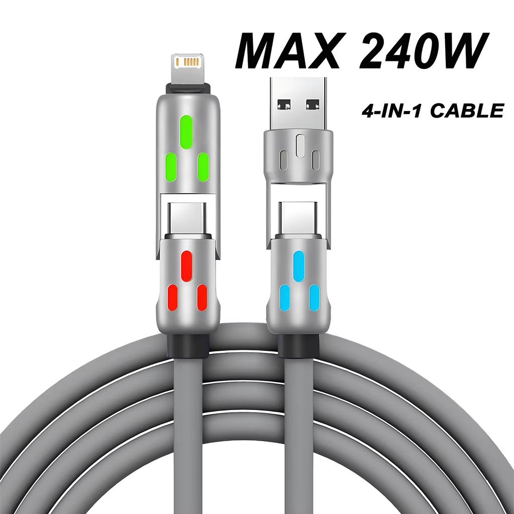 4 в 1 USB на Type-C Зарядный кабель с несколькими разъемами Зарядное устройство Вращающийся изгиб 1,2 м для мобильного телефона 240 Вт Быстрая передача данных