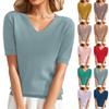 Fashion Knitwear Short-sleeved Slim V-neck Solid Color Five-quarter Sleeve Top Woman