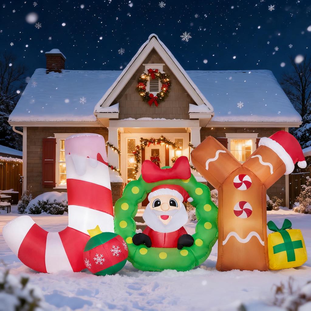 Joyfy 8 ft Long Christmas Inflatable Decoration Blow Up Joy with Santa Build-in LEDs for Christmas Outdoor Inflatable Decoration