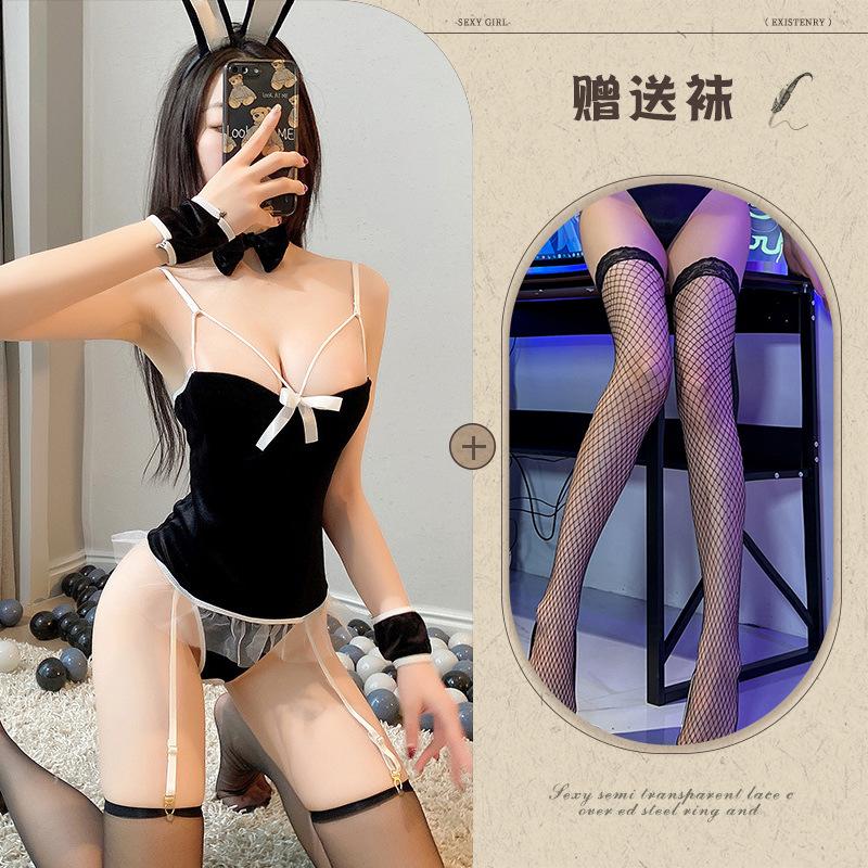 New sexy lingerie sexy bunny uniform temptation suspender velvet see-through milk set
