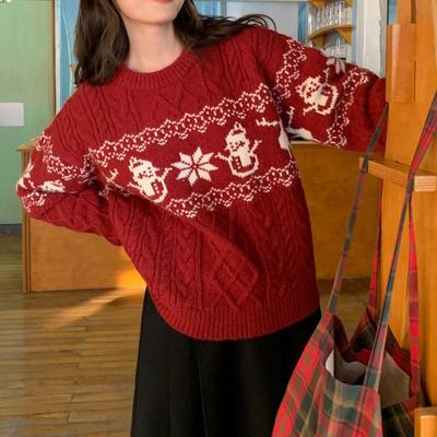 Красный рождественский жаккардовый женский свитер, повседневный свободный топ с круглым вырезом, осенне-зимний ленивый стиль, теплая женская одежда