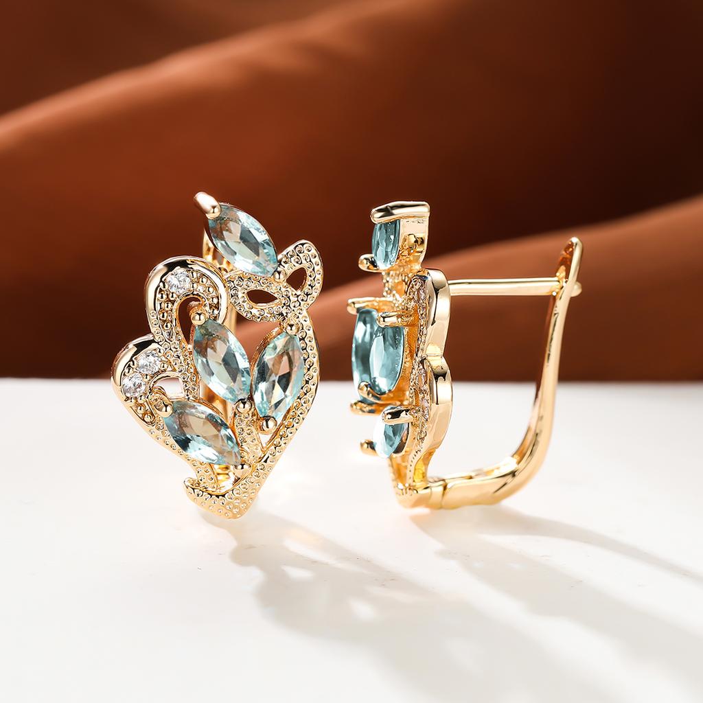 1 пара серег золотого цвета с радужным камнем и цветочным узором в виде листьев, красные, желтые, синие, зеленые, висячие полые серьги с камнями