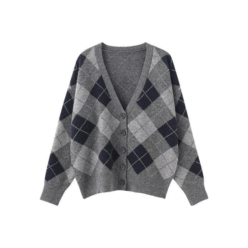 Винтажный клетчатый свитер, кардиганы, женская одежда, осень-зима 2023, однобортный однобортный корейский модный топ с длинными рукавами, C-064