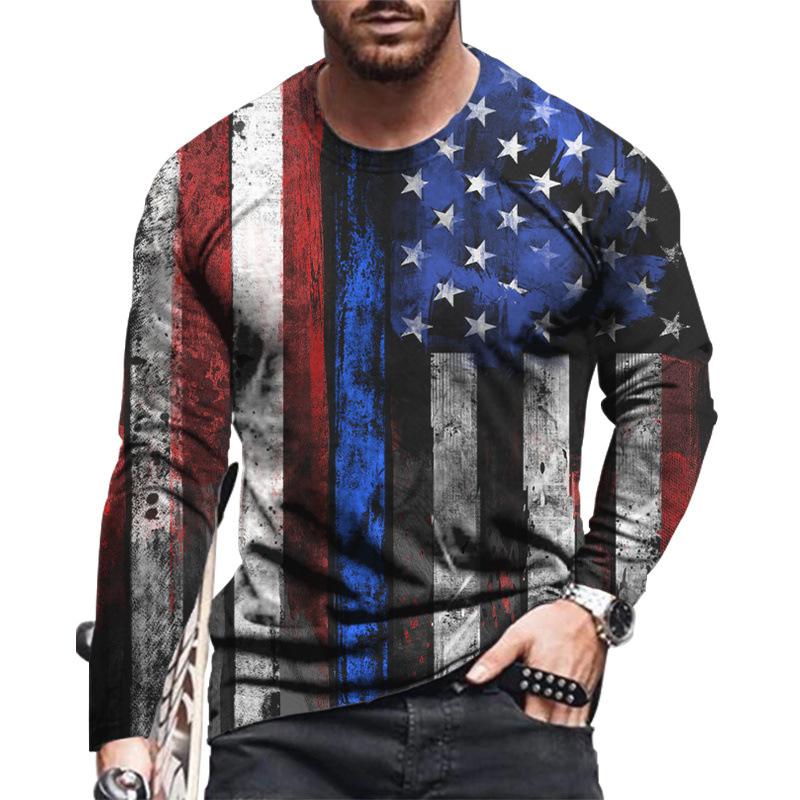 American Flag Print Long-Sleeved Men's T-shirt Spring Autumn Loose Tops Casual Fashion All-Match O-Neck Men Clothing 5XL EU Size